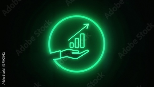 Neon Green Hand with Growing Bar Graph - Financial Growth Icon.