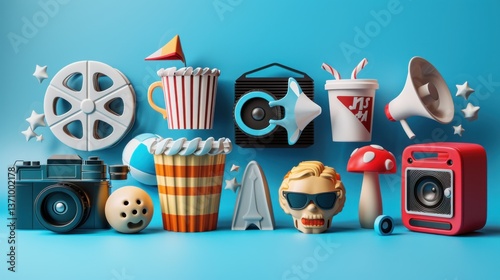 A vibrant 3D still life of entertainment icons, capturing the essence of cinema, music, and fun.  Film reel, popcorn, camera, and retro radio create a joyful mood.