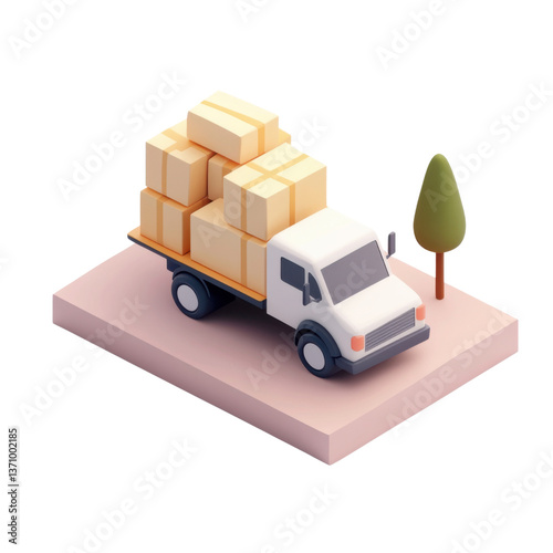 isometric 3d delivery scene with small truck and boxes in it, png illustration on transparent background
