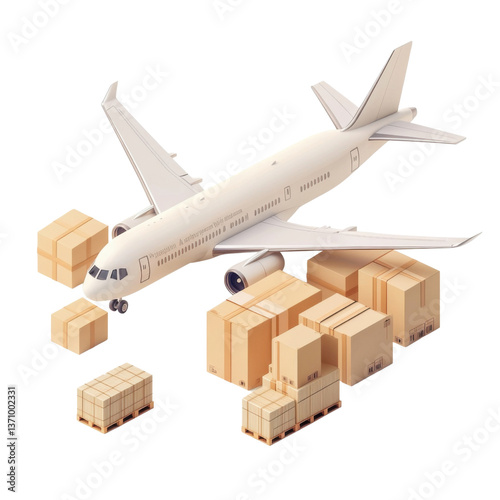 isometric 3d international shipping scene with airplane and boxes, png illustration on transparent background