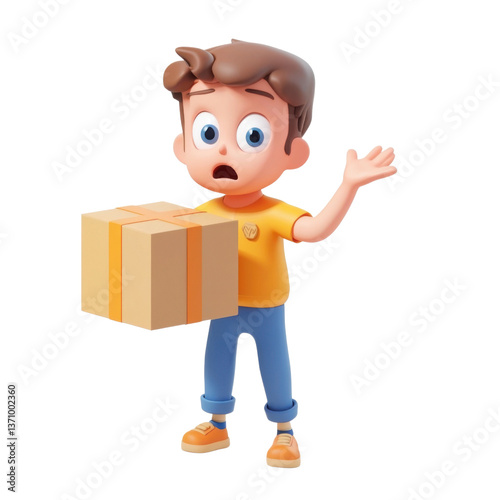 isometric 3d lost package concept with confused character, png illustration on transparent background