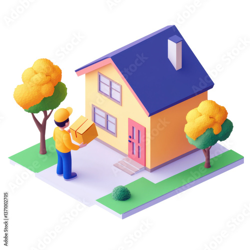 isometric 3d person receiving mail in front of house, png illustration on transparent background