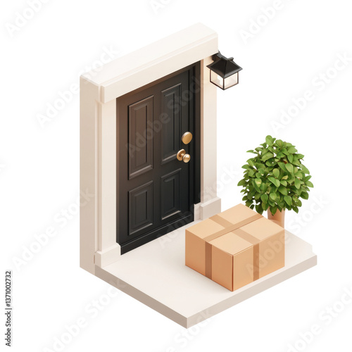 isometric 3d package placed at a doorstep, postal delivery 3d illustration, door delivery, png illustration on transparent background