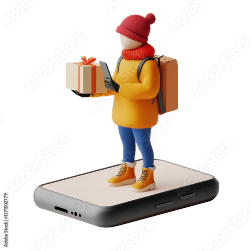 isometric 3d person tracking a package on a mobile phone, png illustration on transparent background