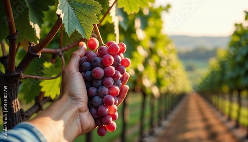 Summer fruit harvest: Farmer hand picking ripe grape cluster with detailed fruit and leaf textures, soft diffused light and blurred vineyard background