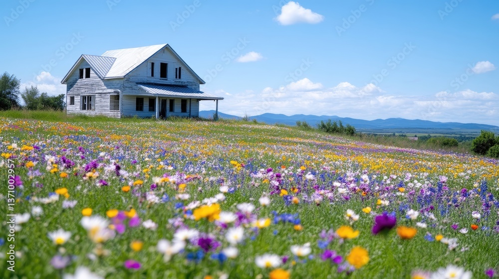 Abandoned farmhouse amidst a vibrant meadow of wildflowers Abandoned farmhouse amidst a vibrant meadow of wildflowers