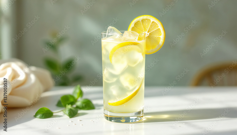A refreshing glass of lemonade with lemon and mint on a white background A refreshing glass of lemonade with lemon and mint on a white background