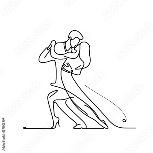 Elegant Couple Dancing Passionately in Line Drawing Style  