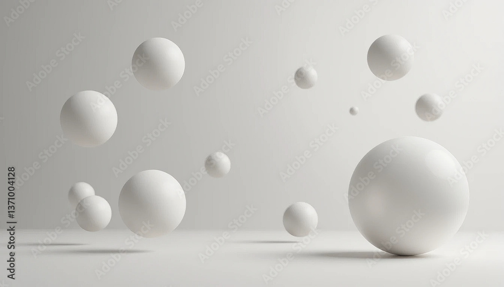 Floating white spheres create minimalist and modern aesthetic, showcasing sense of tranquility and balance in clean, neutral environment. soft shadows enhance visual appeal Floating white spheres create minimalist and modern aesthetic, showcasing sense of tranquility and balance in clean, neutral environment. soft shadows enhance visual appeal