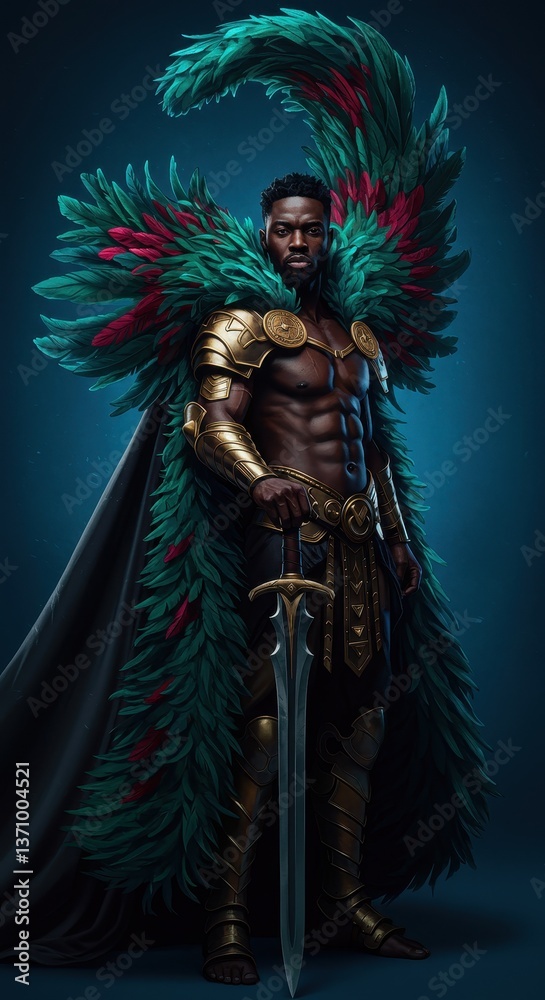 Fototapeta premium Majestic Warrior: A Digital Painting of a Powerful Black Male Warrior Adorned in Ornate Armor and Feather Cloak, Holding a Sword Against a Deep Blue Background.