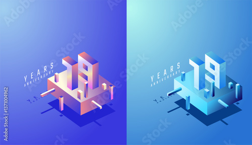 3D Isometric Anniversary Design 19th, 19th Years Anniversary in Colourful Gradient. Tech, Futuristic and Modern concept.
