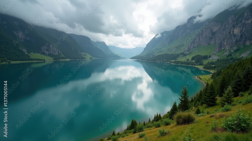 Aerial view of Lake Cauma, Switzerland, during midday rain. The lake’s turquoise waters shimmer under falling raindrops, enveloped by fog and dense pine forests. Aerial view of Lake Cauma, Switzerland, during midday rain. The lake’s turquoise waters shimmer under falling raindrops, enveloped by fog and dense pine forests.