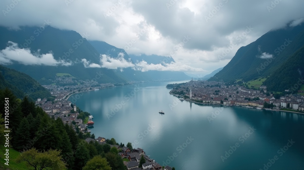 Naklejka premium Aerial shot of Lake Lucerne at dawn, cloudy skies casting a muted light over the lake. The misty, serene atmosphere enhances this professional high-quality landscape photograph.