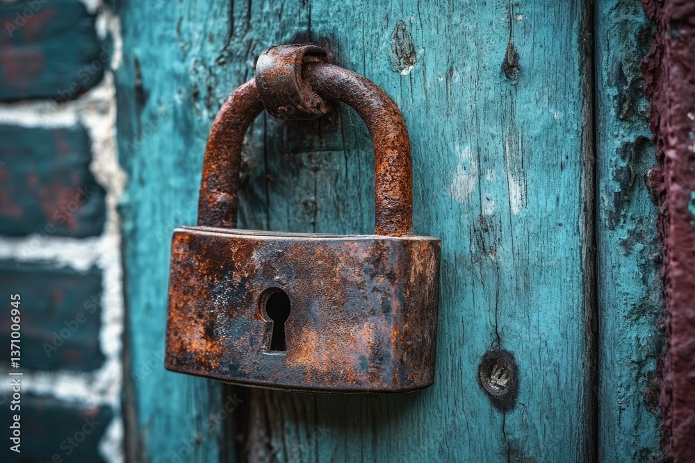 A rusty padlock secures a weathered blue wooden door, showing age and neglect in a close-up shot. A rusty padlock secures a weathered blue wooden door, showing age and neglect in a close-up shot.