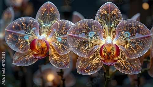 Digital orchids with glowing circuitry patterns create stunning fusion of nature and technology, showcasing intricate designs and vibrant colors that captivate viewer imagination