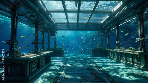 underwater control room filled with aquatic life, showcasing serene environment where fish swim gracefully among structures. sunlight filters through water, creating tranquil atmosphere