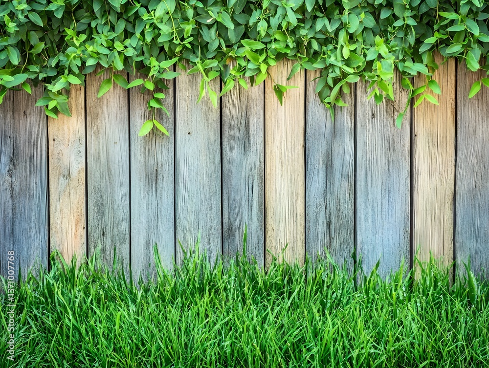 Lush Green Grass and Vines on Rustic Wooden Fence Lush Green Grass and Vines on Rustic Wooden Fence