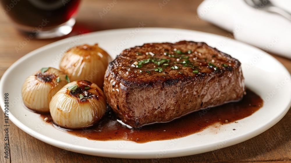 Seared steak perfection. Rich marbling, caramelized onions, and a glass of red wine create a delicious, inviting scene Seared steak perfection. Rich marbling, caramelized onions, and a glass of red wine create a delicious, inviting scene