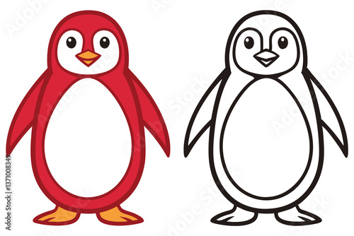 Red Cartoon Penguin and Outline Penguin Standing on a White Background
