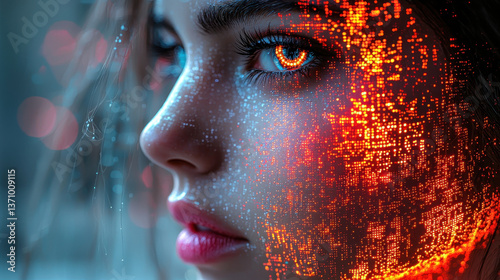 Futuristic cyberpunk portrait of a woman with neon tattoos and digital glitches in a high-tech urban setting