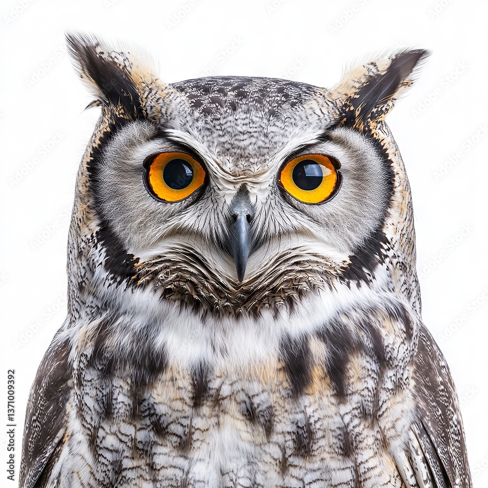 Obraz premium Photo of Owl with bright yellow eyes isolated on white background