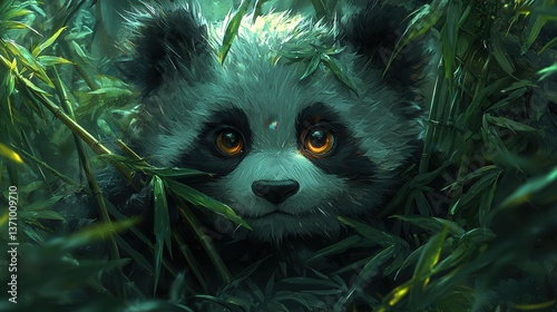 A playful panda, its round eyes twinkling with mischief, lounging in a bamboo grove, holding a bright green bamboo shoot, waiting to be brought to life with soft, shaded colors. 