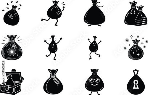 Cartoon Money Bags, Treasure, Wealth, and Funny Characters