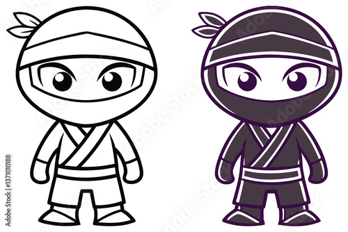 Cartoon Ninja Character Outline and Purple Version Isolated on Transparent Background