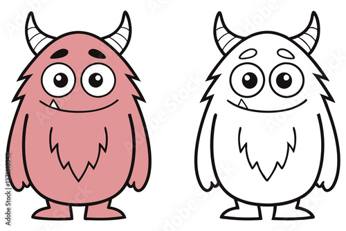 Cartoonish Pink Monster with Horns and Big Eyes, Funny Creature Line Art Style