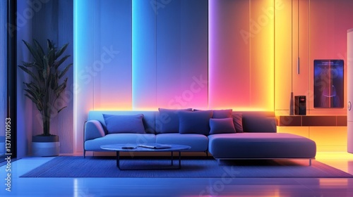 Modern Living Room with Sofa, Plant, and Colorful Led Lighting Design