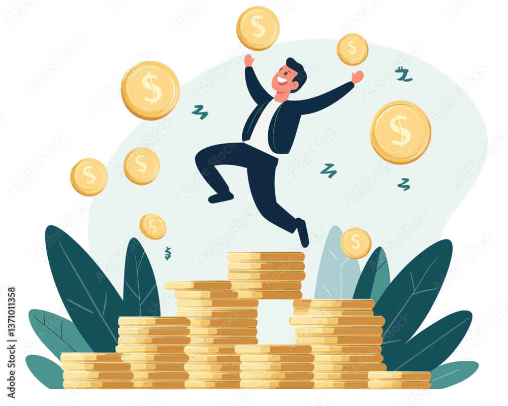 Happy Businessman Jumping on Growing Stack of Money Coins, Representing Compound Interest and Investment Profitability, Flat Minimalist Vector Happy Businessman Jumping on Growing Stack of Money Coins, Representing Compound Interest and Investment Profitability, Flat Minimalist Vector