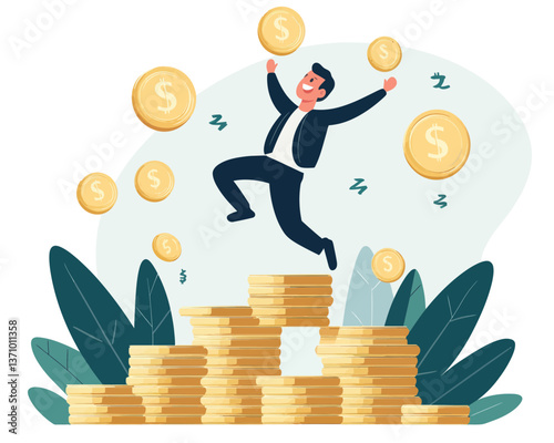 Happy Businessman Jumping on Growing Stack of Money Coins, Representing Compound Interest and Investment Profitability, Flat Minimalist Vector