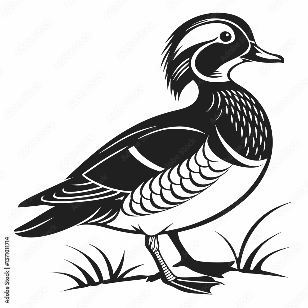 Fototapeta premium Mandarin duck black silhouette icon vector