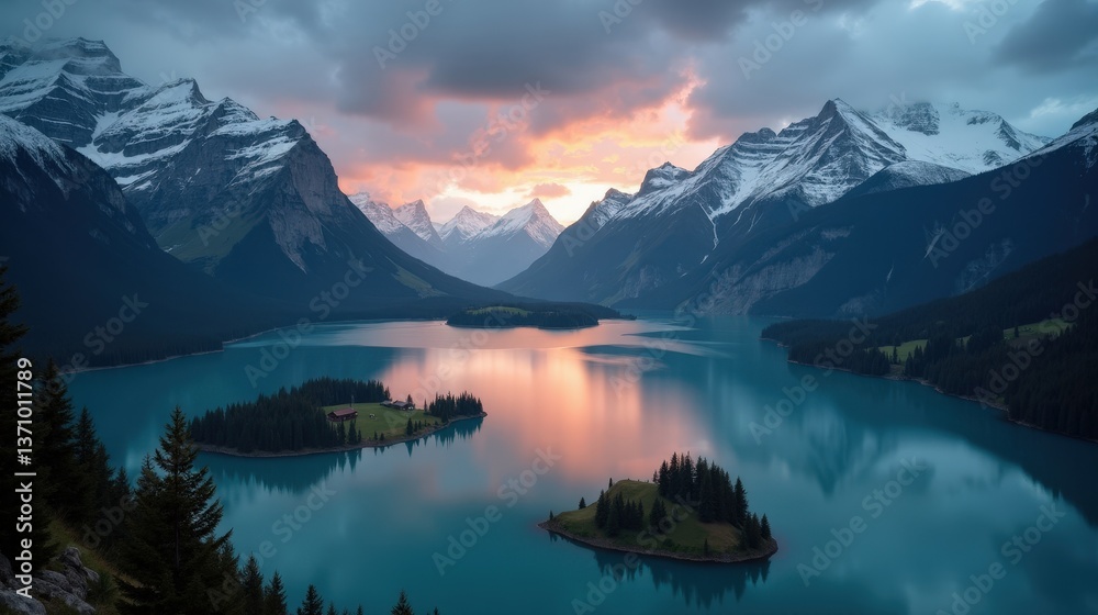 Fototapeta premium An aerial view of Lake Sils in Switzerland at dusk, with rainy conditions and overcast skies. The shot highlights the tranquil beauty of the lake and surrounding nature in Europe.