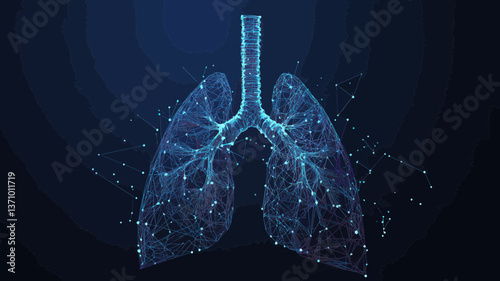 Low Poly Vector Illustration of Lungs in Starry Sky Design - Minimalist Flat Polygonal Health Concept Art for Medical and Science Use in Blue Color