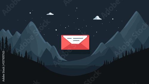 Mountain Landscape with Red Web Mail Envelope Under Starry Night Sky, Digital Communication Concept, Vector Illustration