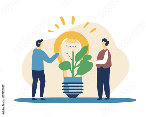 ESG Concept Vector with Business People Touching Light Bulb and Green Plant Seedling for Environmental and Corporate Governance Responsibility