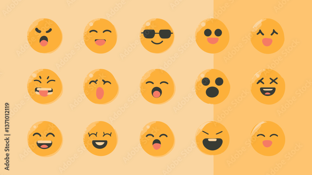Set of Expressive Vector Emoticons with Various Facial Expressions for Digital Communication in Emoji Style Set of Expressive Vector Emoticons with Various Facial Expressions for Digital Communication in Emoji Style