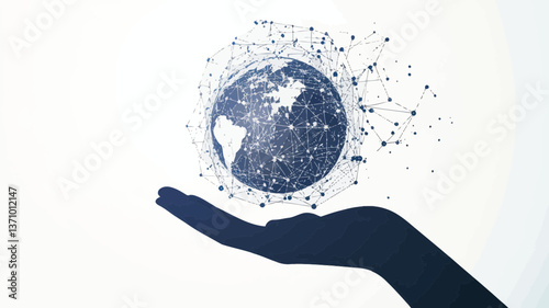 Abstract Polygonal Planet Earth in the Palm of Hand on White Background, Low Poly Network Globe, Technological and Environmental Concept, Minimalist Flat SVG Vector Illustration