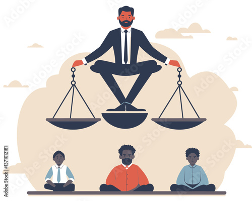 Human inequality concept vector with businessman sitting on justice scales symbolizing discrimination, racism, and social injustice against people of color in minimalist flat SVG style