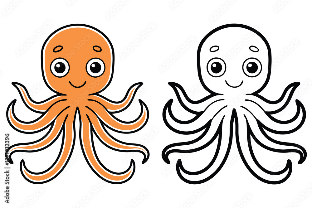 Fototapeta premium Pair of Smiling Octopus Cartoon Characters, Orange Color Version and Black Outline Style