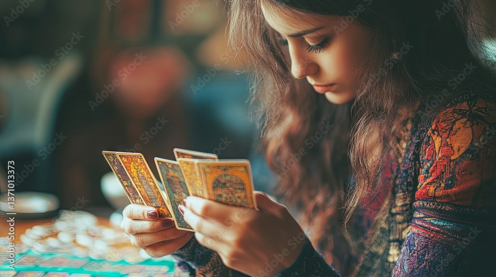 Fototapeta premium A fortune teller woman in a dimly lit room filled with candles reads a deck of tarot cards
