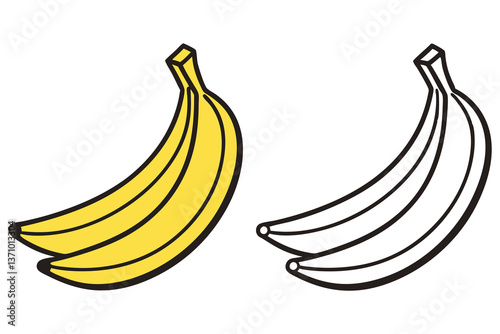 Banana Icon Set Two Illustrations with Yellow and Line Art on White