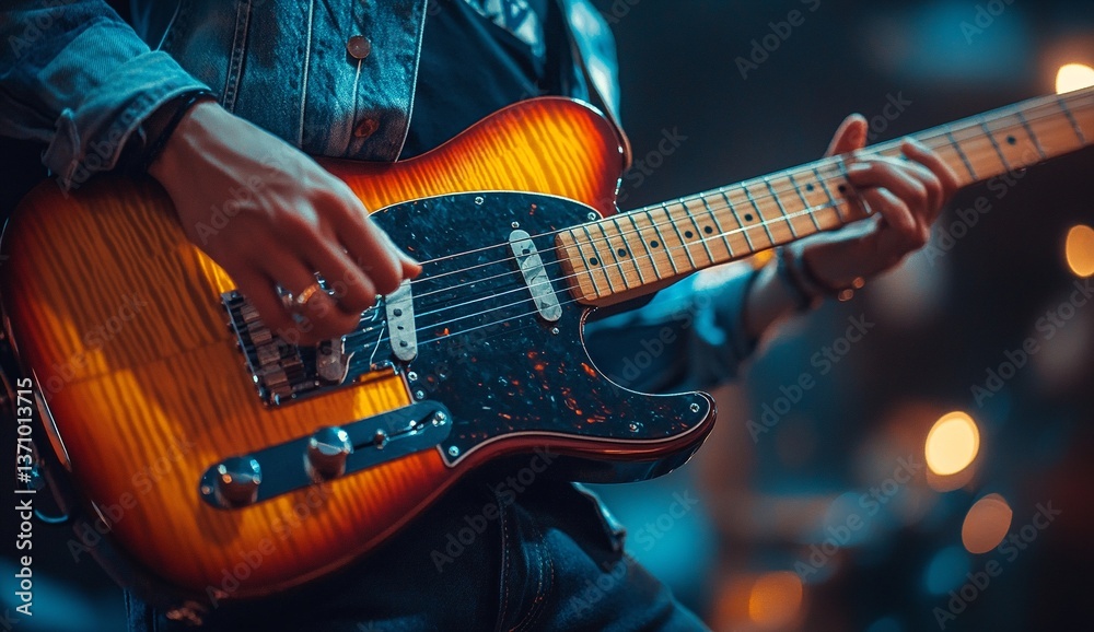 Obraz premium Close-up of a person playing an electric guitar. The warm lighting and vibrant colors create an energetic atmosphere.