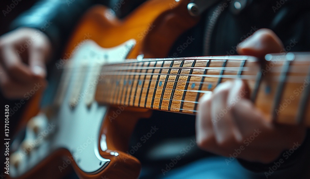Fototapeta premium Close-up of a person's hands playing an electric guitar. The warm tones of the wood and the focused expression create a captivating image.