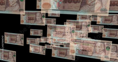 Guatemala quetzal 100 GTQ banknote loop. Flying between transparent money Guatemalan note. 3D seamless looped abstract concept of business, economy, finance, crisis and banking.