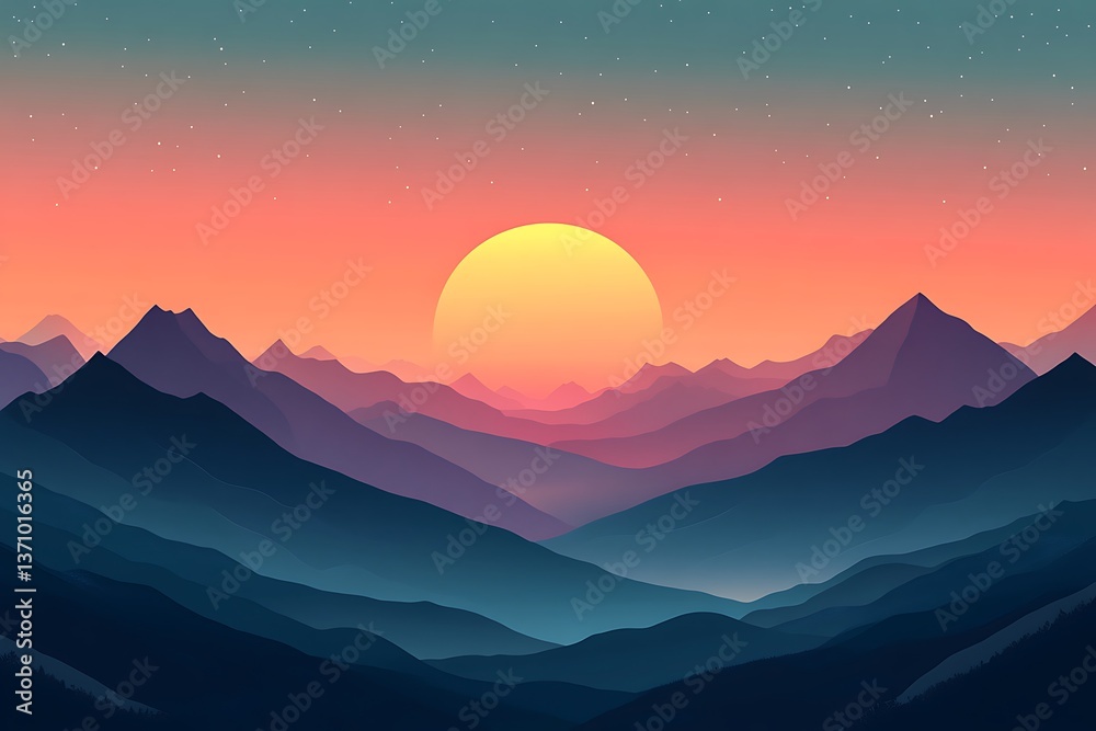 A serene mountain landscape with sharp, vector peaks and a gradient sky, capturing the tranquility of nature in a modern style A serene mountain landscape with sharp, vector peaks and a gradient sky, capturing the tranquility of nature in a modern style