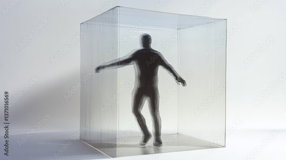 Figure trapped in clear cube trying escape. Figure trapped in clear cube trying escape.