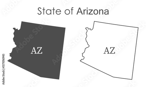 Arizona. The outline and silhouette of the state with the abbreviated abbreviation of the name. The state border. A template for the design of printed products