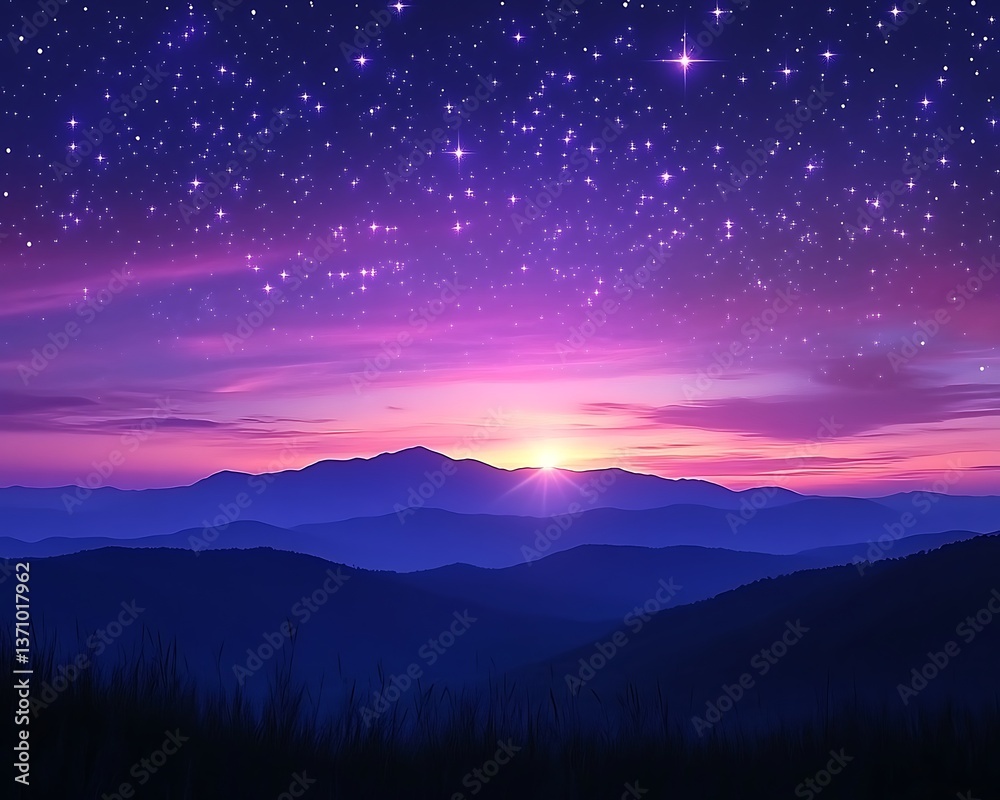 Naklejka premium Mountain Sunset Starry Sky